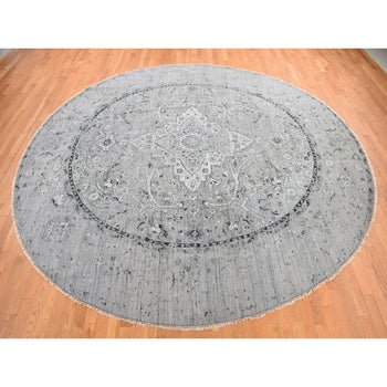 12'X12' Gray Broken Zoroastrian Design Silk/Wool Hand Knotted Round Rug