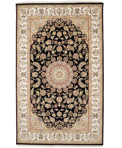 5X8 Indo-Nain Black Oriental Rug Floral Style Wool Carpet Home Decor