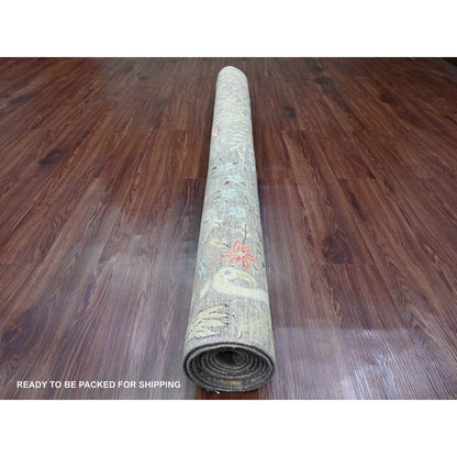 6'X8'10" Cedar Brown Hand Knotted Afghan Peshawar Birds Design Wool Rug