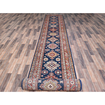 2'9"X26'3" Blue Hand Knotted Super Kazak Wool Xl Runner Rug