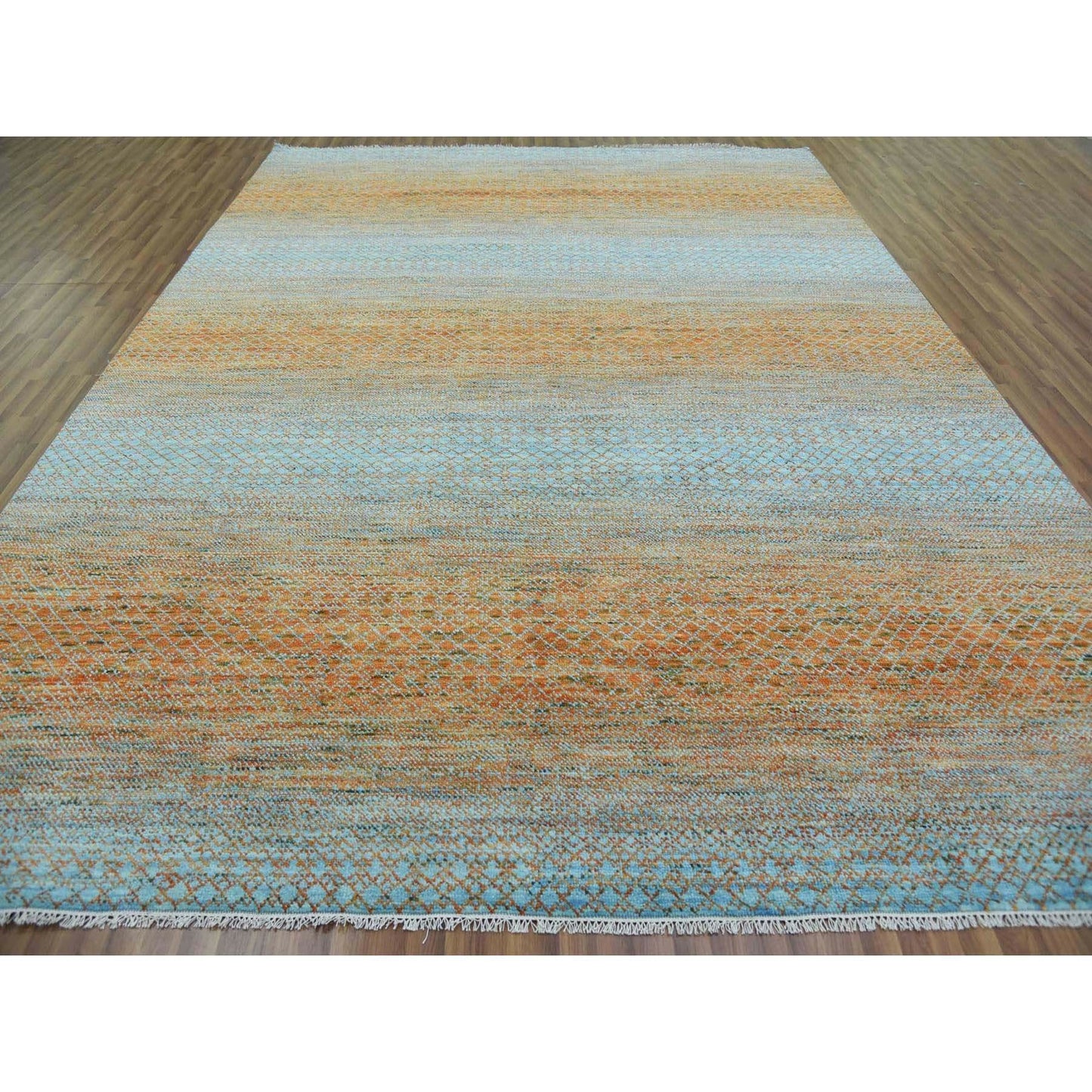 10'1"X14' Orange Pure Wool Hand Knotted Modern Chiaroscuro Collection Rug