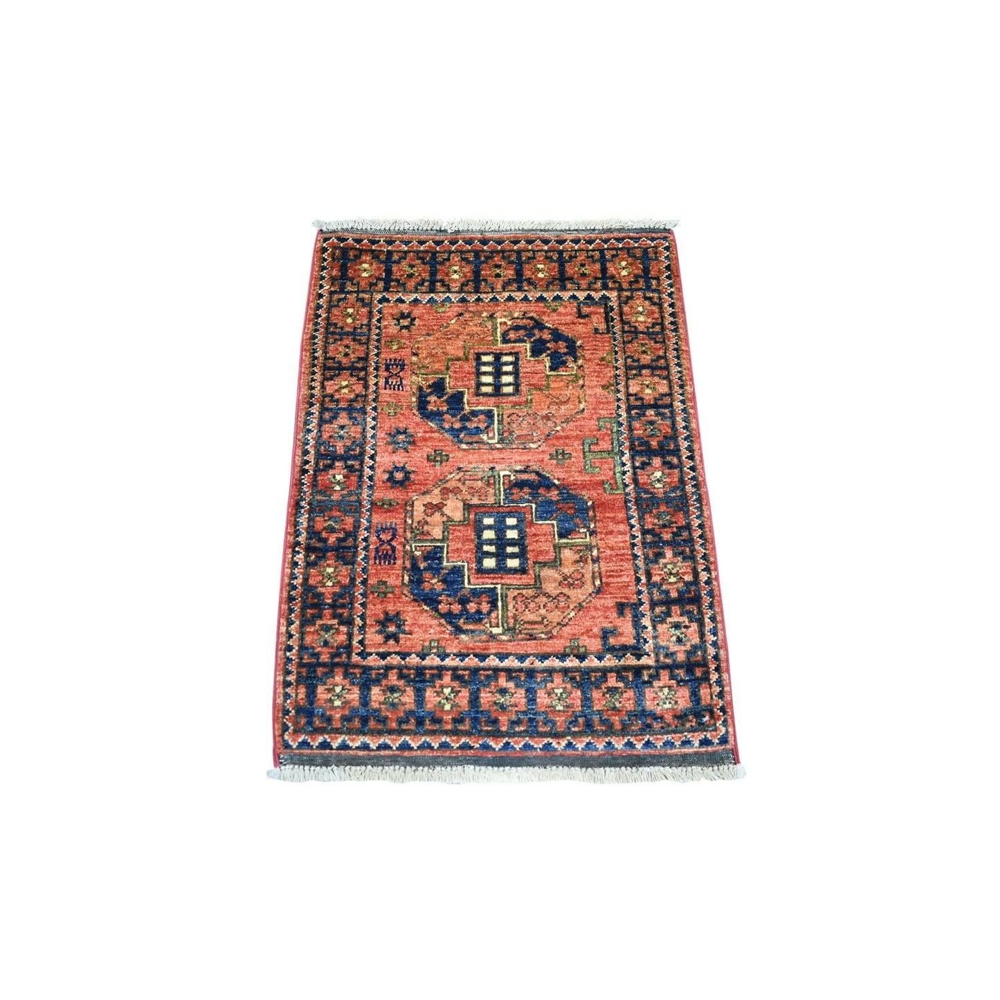 Rug 2'1"x2'10" Coral Red Natural Dyes Afghan Ersari Hand Knotted Wool