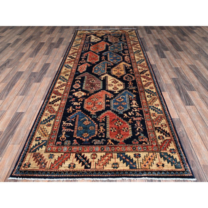 4'X9'9" Midnight Blue Large Paisley Design Wool Hand Knotted Runner Rug