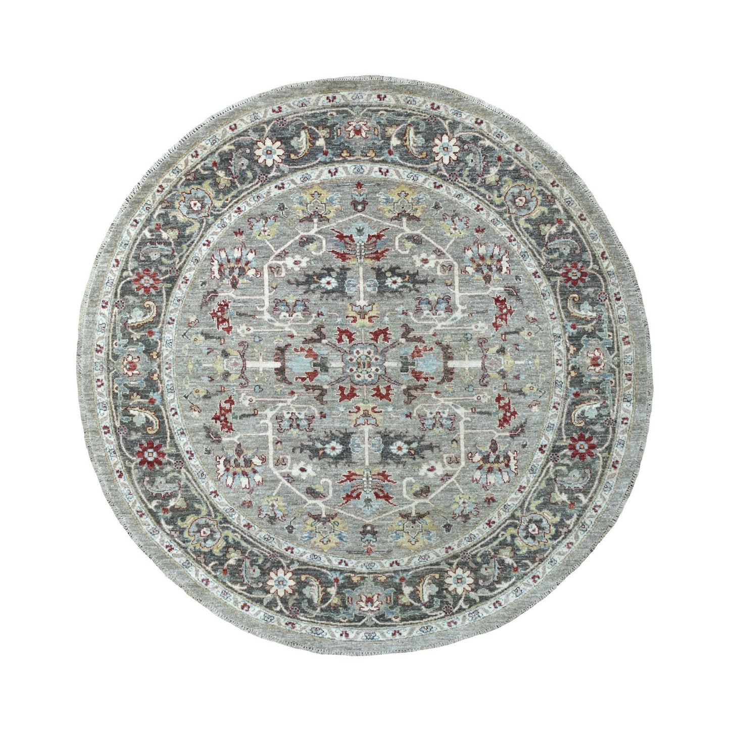 5'9"X5'9" Gray Peshawar With Heriz Vibrant Wool Round Hand Knotted Rug