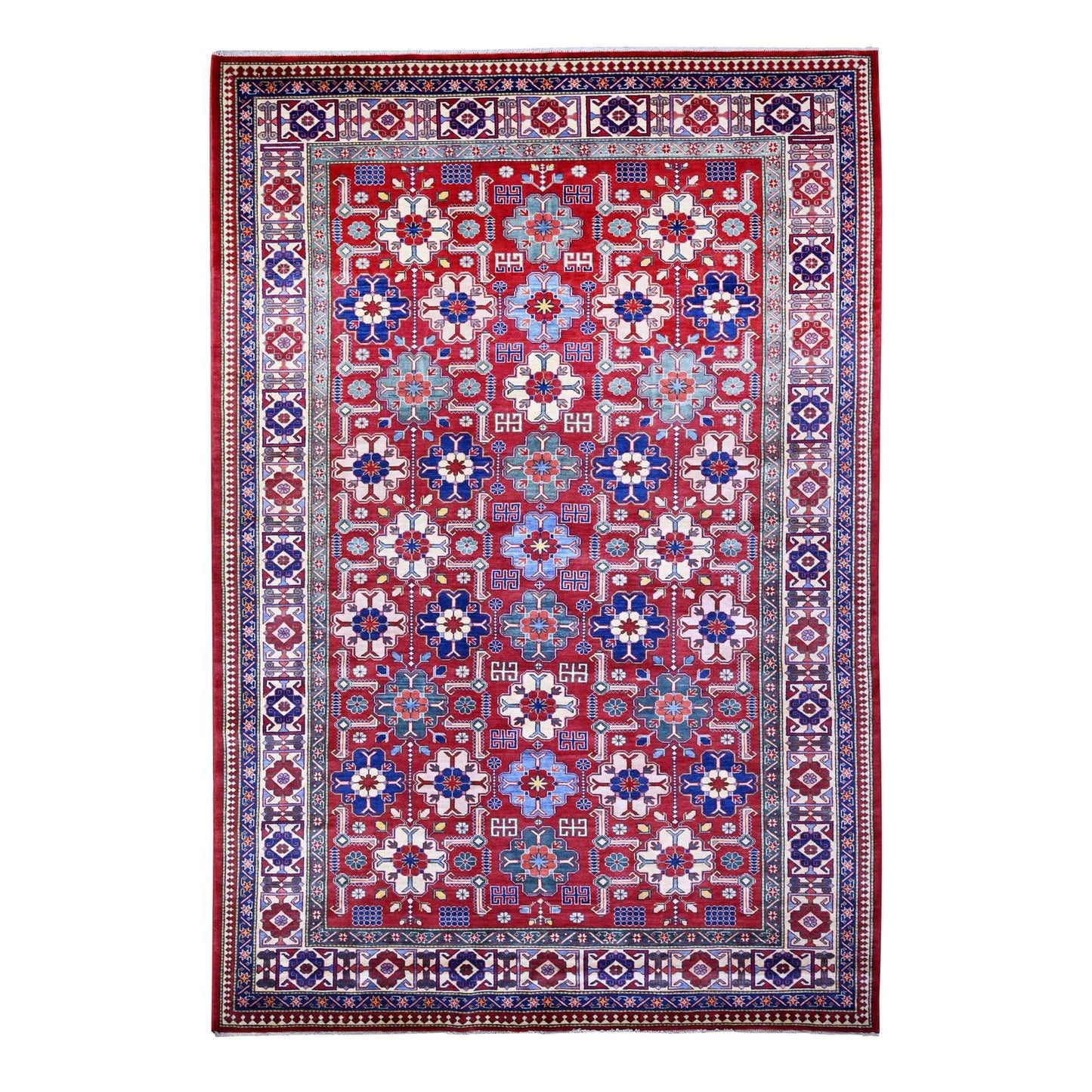 6'4"X9'4" Red Caucasian Design Wool Afghan Super Kazak Hand Knotted Rug
