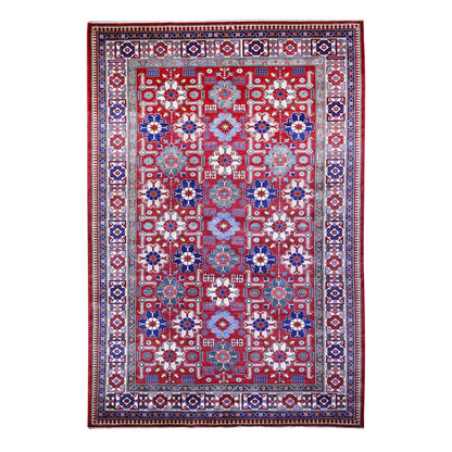 6'4"X9'4" Red Caucasian Design Wool Afghan Super Kazak Hand Knotted Rug