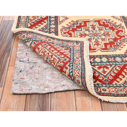 2'10"X15'5" Ivory Kazak With Geometric Design Hand Knotted Rug Wool Runner