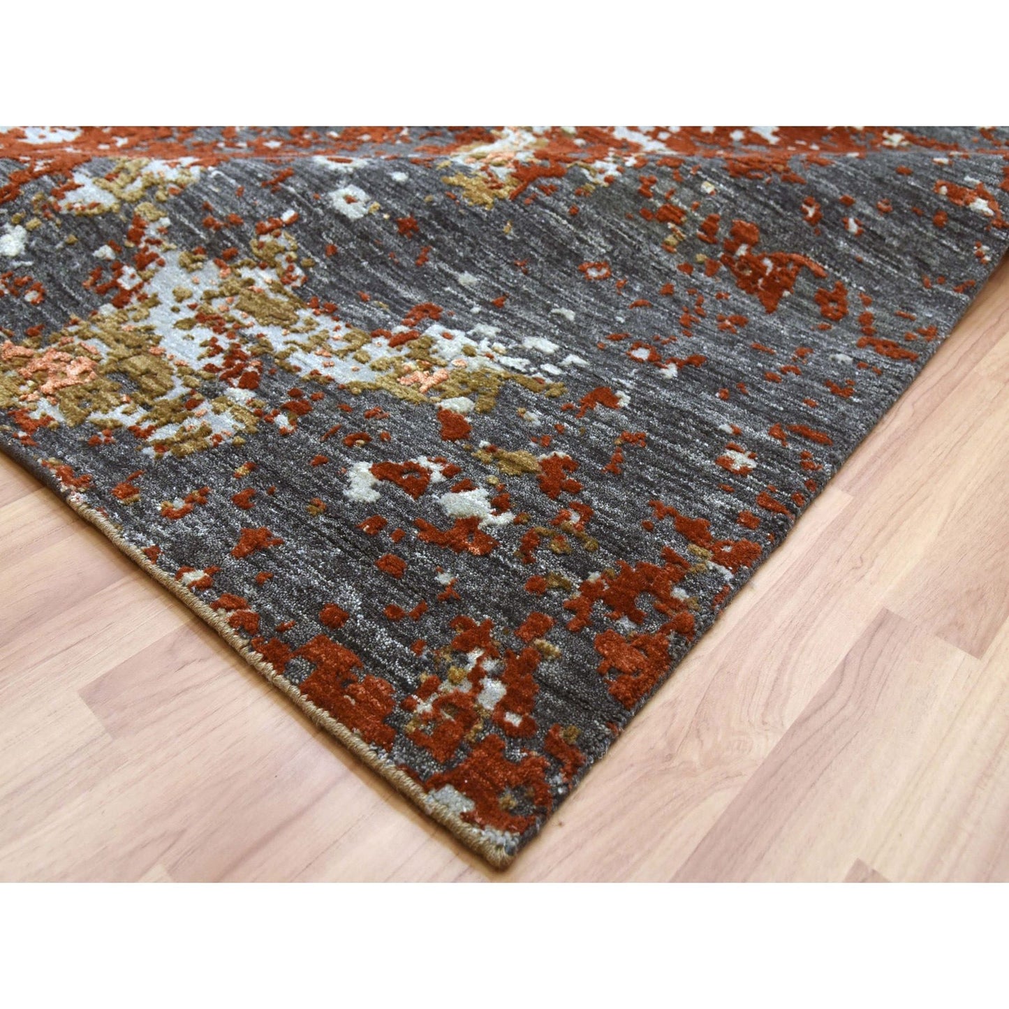 Burnt amber abstract design soft wool hand knotted rug oversized