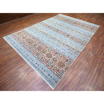 8'2"X11'10" Blue Gray Super Kazak Khorjin Design Hand Knotted Wool Rug