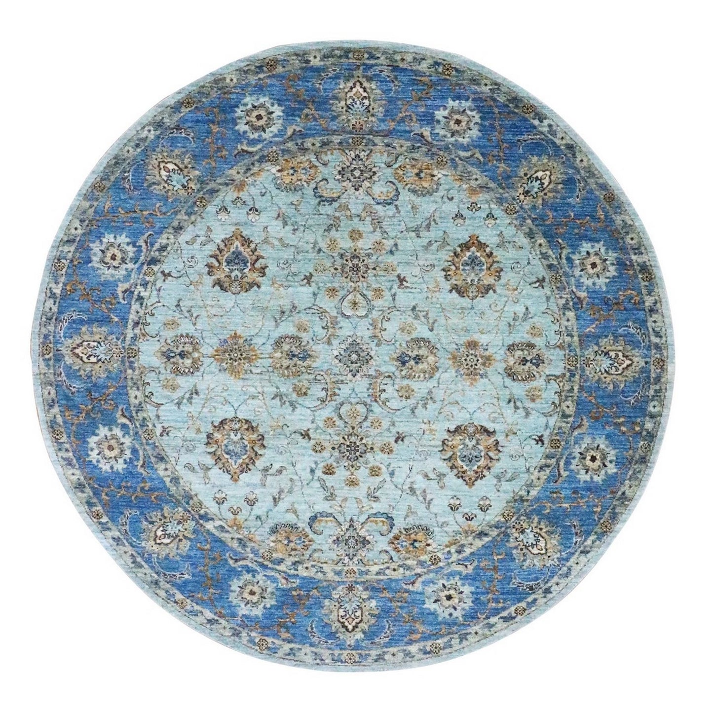 Blue round rug pure wool hand knotted flower design shah abbas blue.