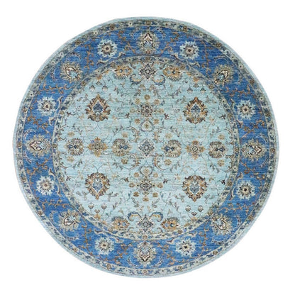 Blue round rug pure wool hand knotted flower design shah abbas blue.