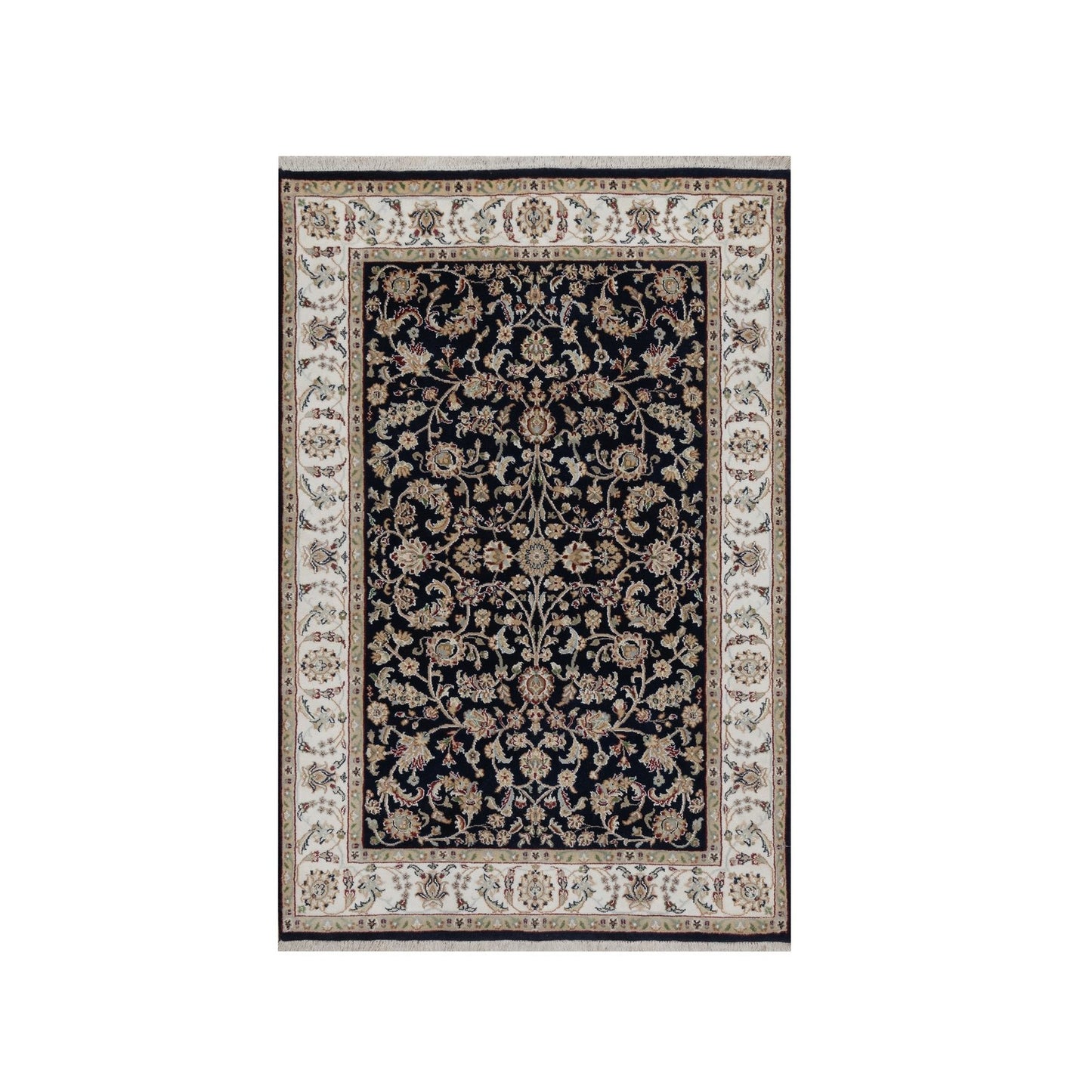 4'X6' Navy Blue Nain All Over Flower Design Wool & Silk Hand Knotted Rug