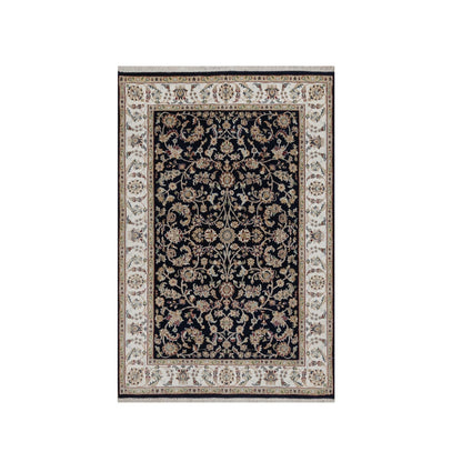 4'X6' Navy Blue Nain All Over Flower Design Wool & Silk Hand Knotted Rug