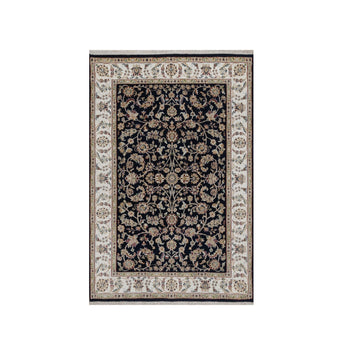 4'X6' Navy Blue Nain All Over Flower Design Wool & Silk Hand Knotted Rug