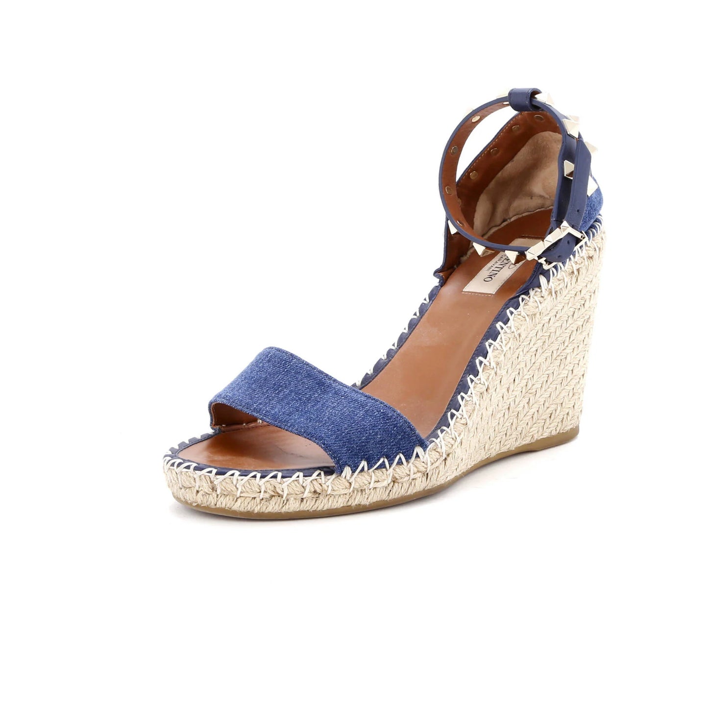 Valentino Garavani Women's Double Wedge Sandals Denim Rockstud Ankle Strap