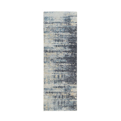 2'6"X7'9" Blue Modern Design Wool And Silk Hand Knotted Runner Rug