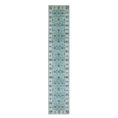 2'7"X14' Sky Blue Agra Flower Vines Design Wool Hand Knotted Runner Rug