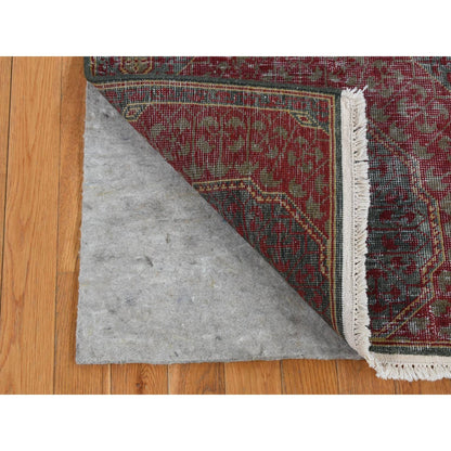 2'6"X9'10" Green Vintage Look Mamluk Worn Wool Hand Knotted Runner Rug