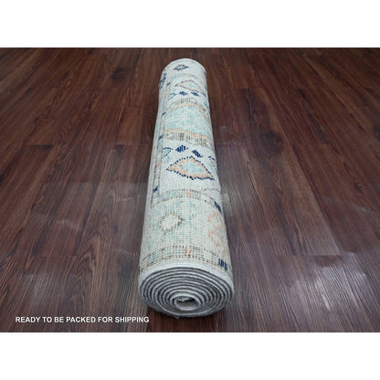 3'1"X11'8" White Anatolian Village Design Wool Hand Knotted Runner Rug