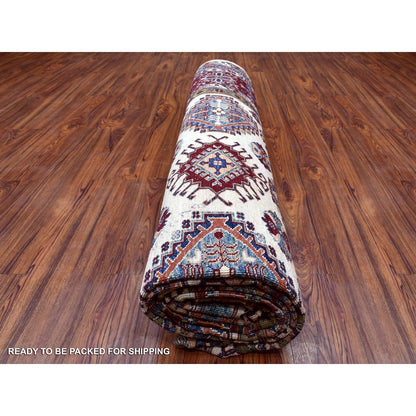 9'1"X12'4" Ivory Super Kazak Repetitive Medallions Wool Hand Knotted Rug