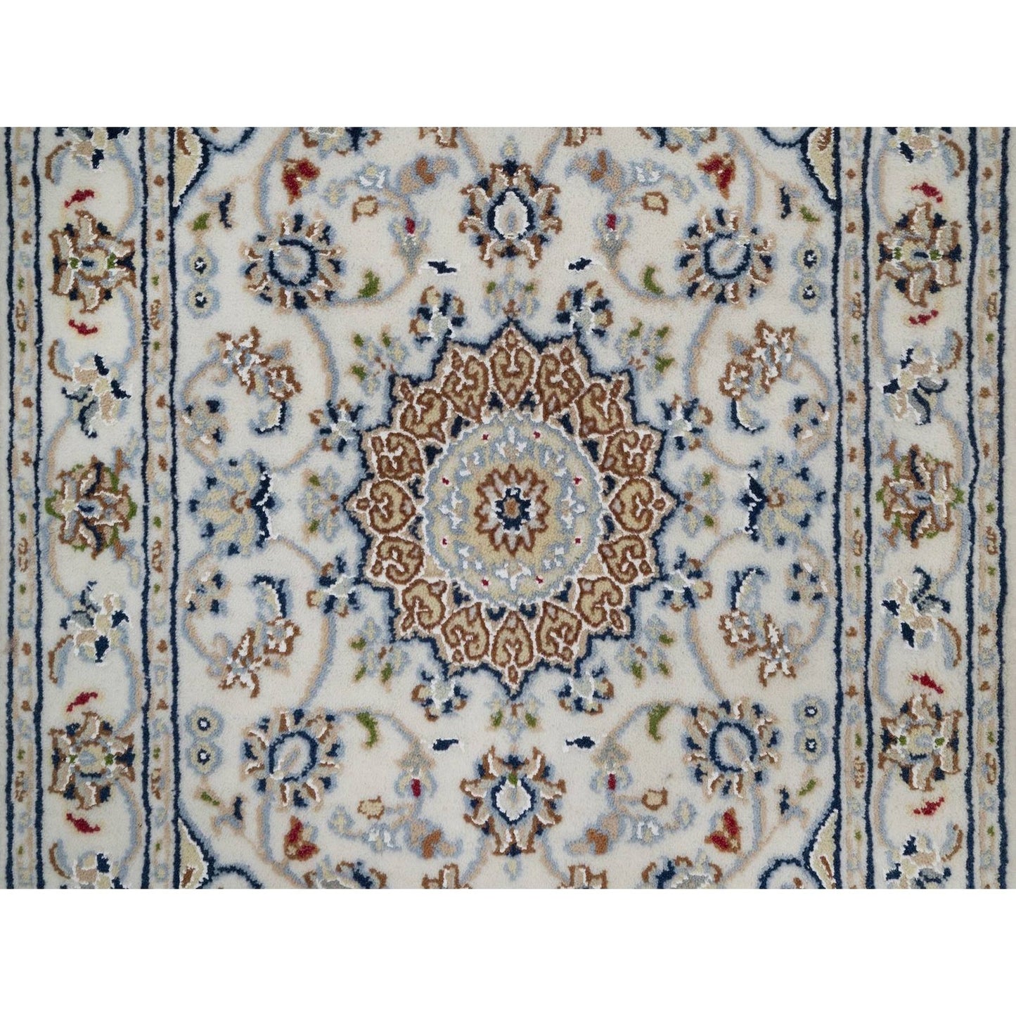 2'X3'1" Ivory Nain With Flower Design Hand Knotted Wool And Silk Mat Rug