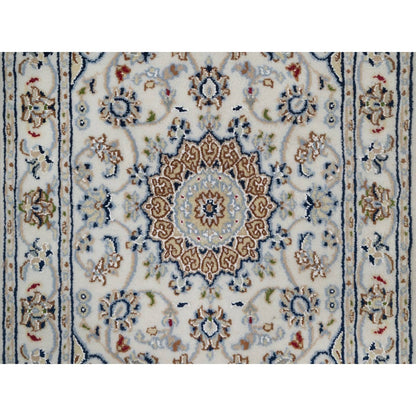 2'X3'1" Ivory Nain With Flower Design Hand Knotted Wool And Silk Mat Rug