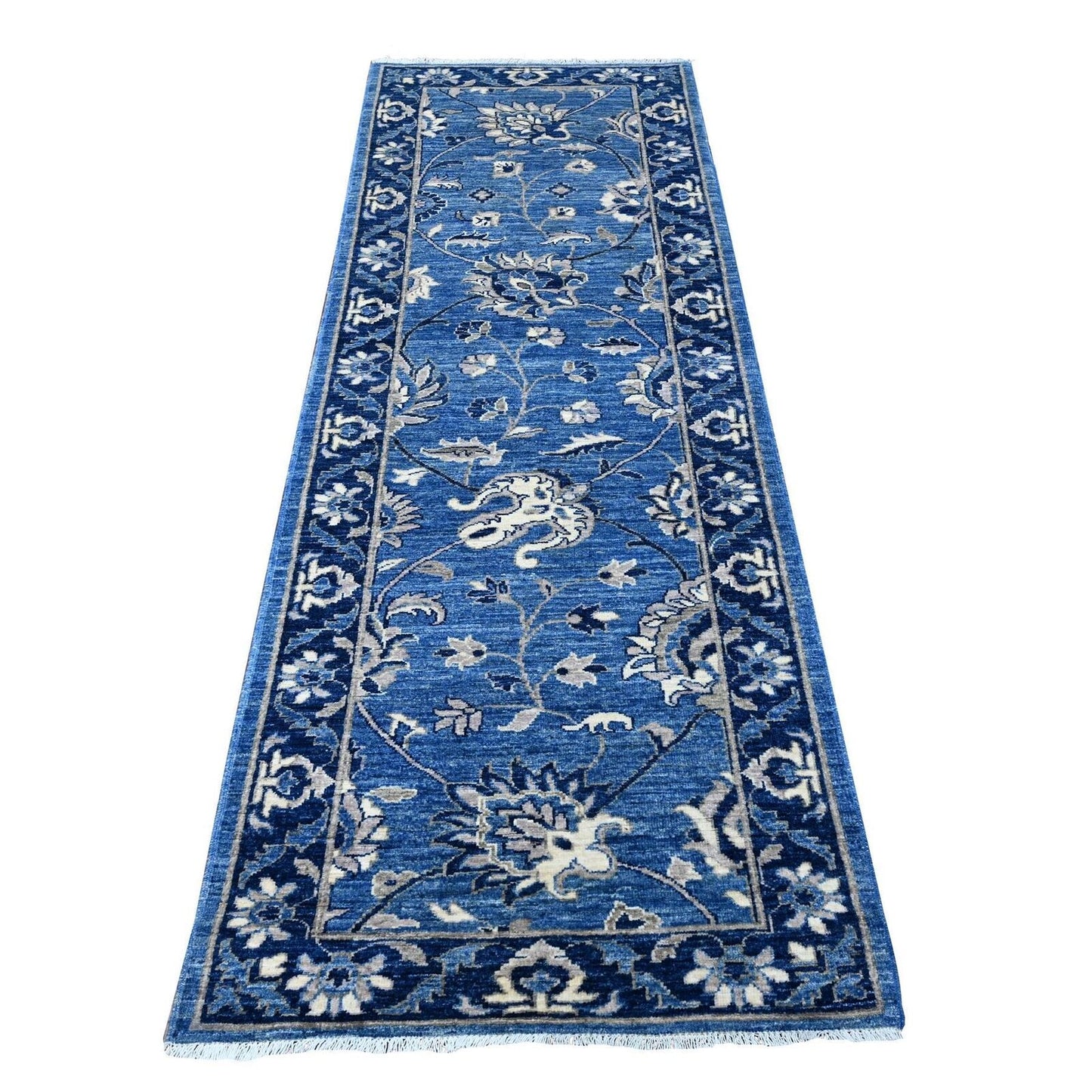 2'10"X8'3" Blue Hand Knotted Pure Wool Mahal Design Runner Oriental Rug