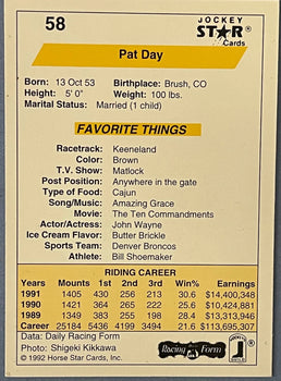 Pat Day Autographed 1992 Horse Star Cards