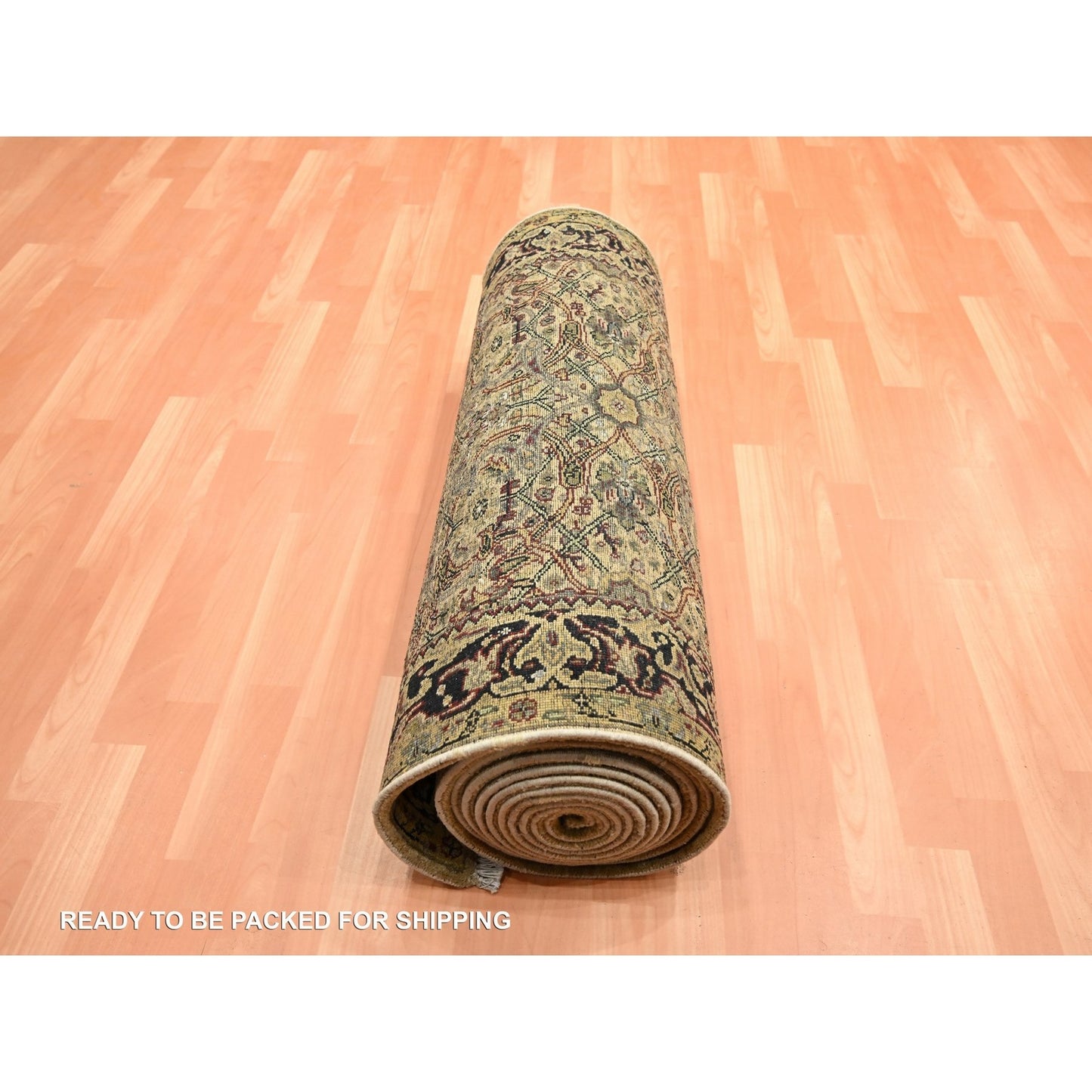 3'2"X19'4" Gold Yellow Hand Knotted Rajasthan Leaf Design Wool Runner Rug