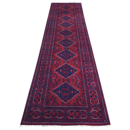 3'X12'9" Deep Red Pure Wool Hand Knotted Afghan Khamyab Runner Rug