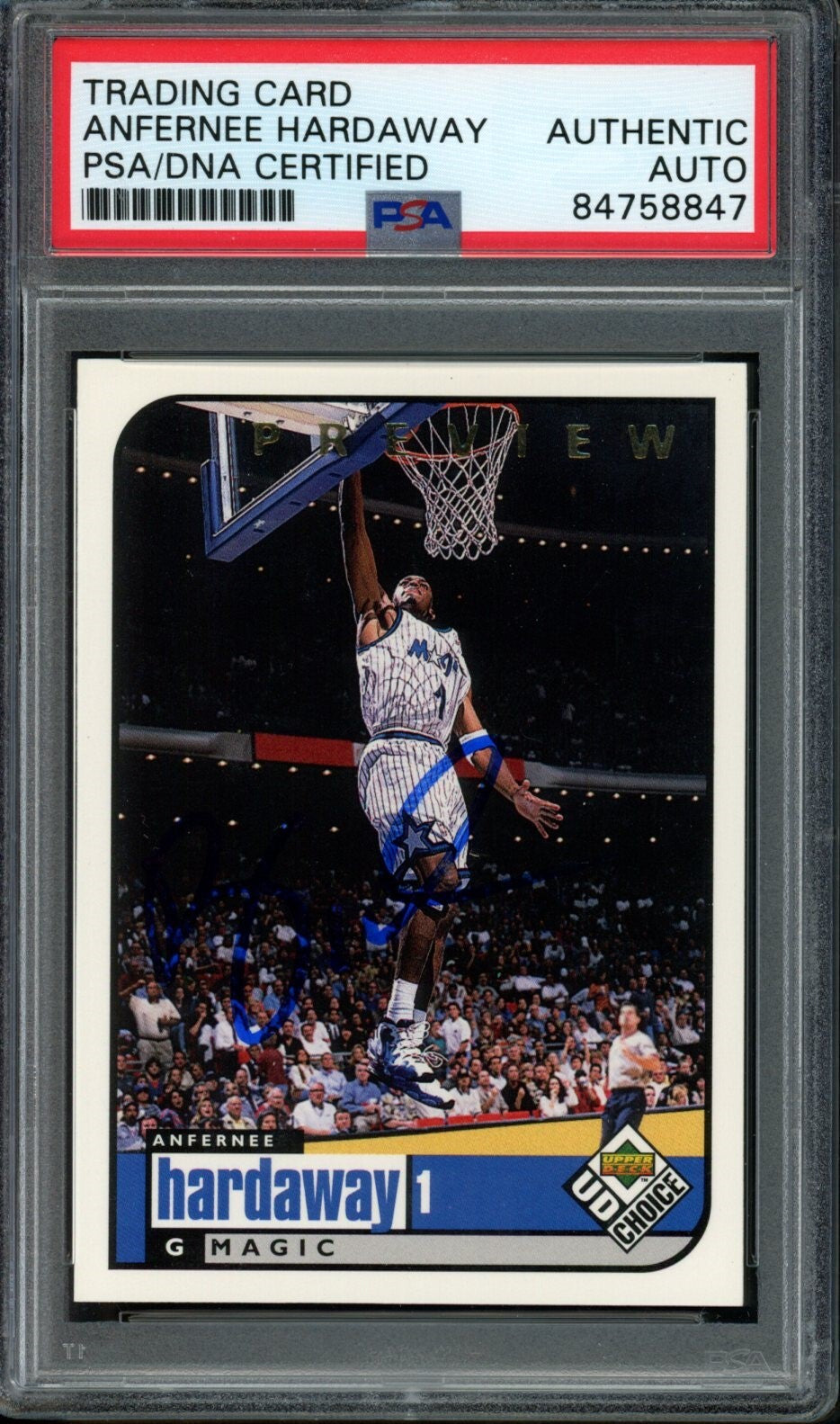 1998-99 Upper Deck Ud Choice Anfernee Hardaway #100 Card Signed Magic Psa/Dna