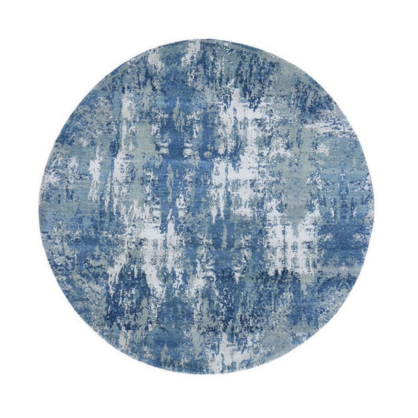 6'2"X6'2" Round Abstract Design Wool And Pure Silk Blue Hand Knotted Rug