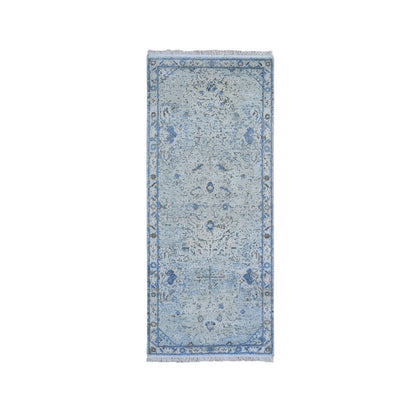2'6"X6' Distressed Oushak Pure Silk - Text Wool Wide Runner Hand Made Rug
