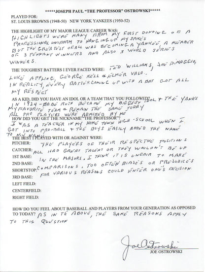 Joe Ostrowski Autographed Hand Filled Out Survey Page (Jsa)