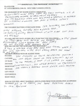 Joe Ostrowski Autographed Hand Filled Out Survey Page (Jsa)