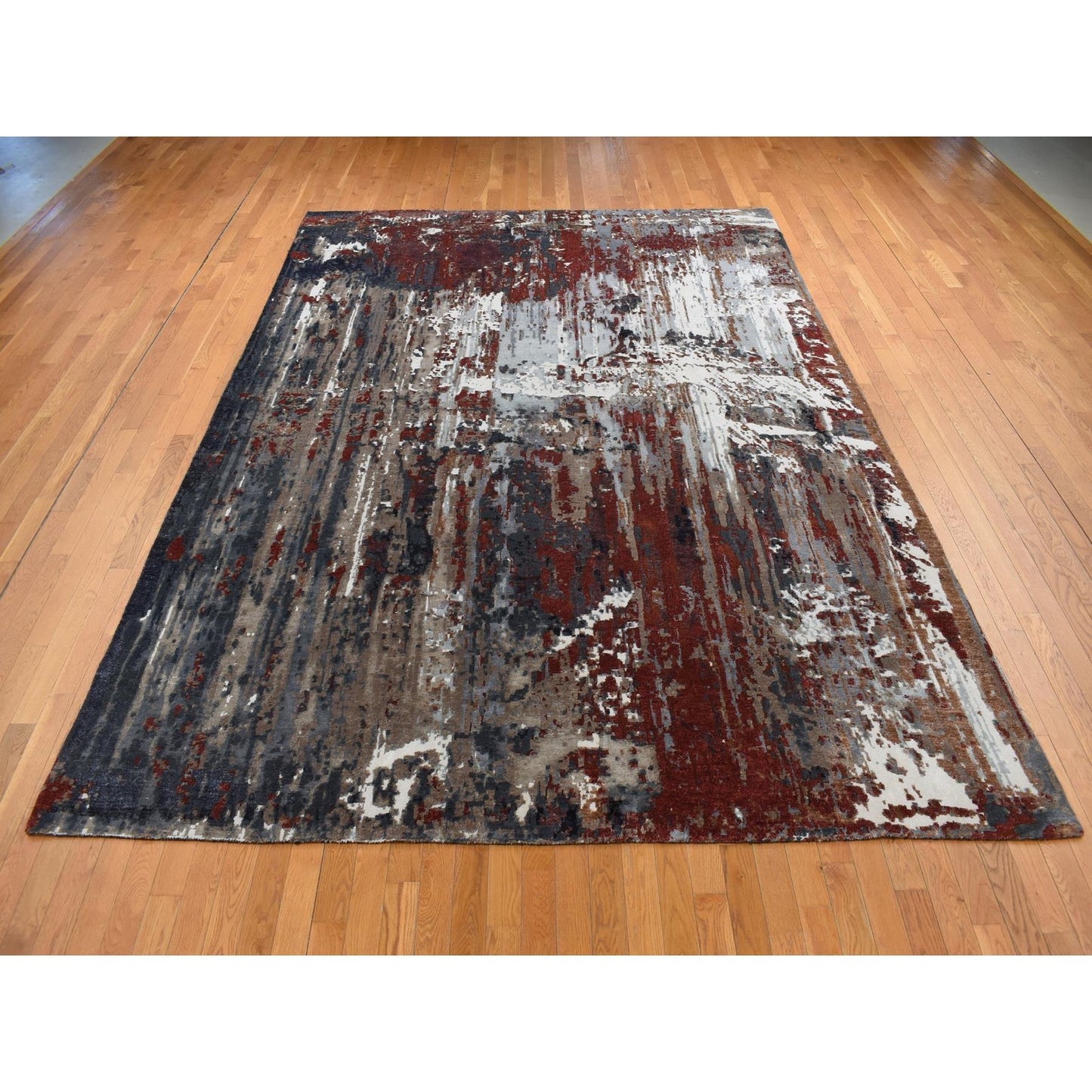 9'X12'2" Red Wool And Silk Abstract Paint Brush Design Hand Knotted Rug