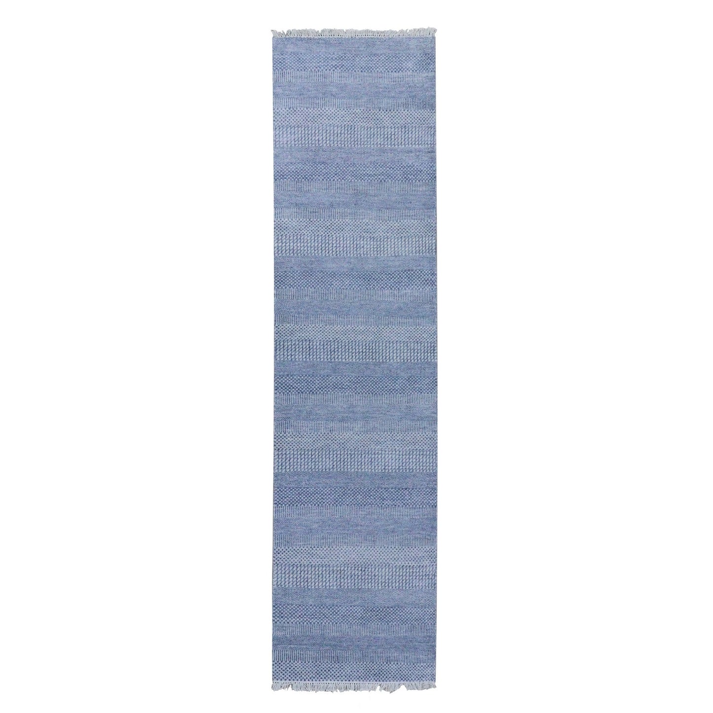 2'6"X10' Blue Hand Knotted Modern Grass Design Wool And Silk Runner Rug