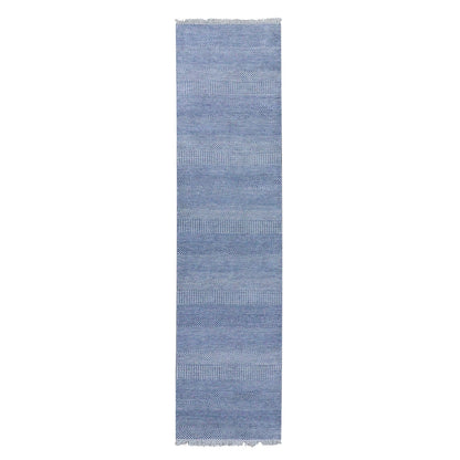 2'6"X10' Blue Hand Knotted Modern Grass Design Wool And Silk Runner Rug