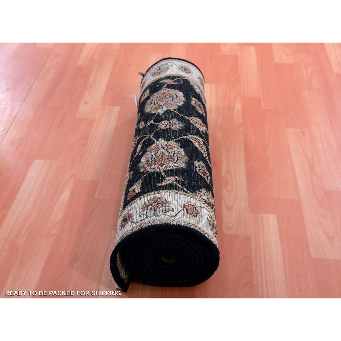 2'7"X10' Black Wool Silk Hand Knotted Rajasthan Leaf Design Runner Rug