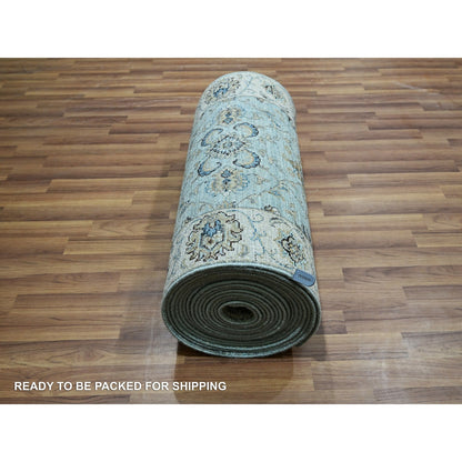2'6"X29'10" Blue Hand Knotted Flower Vines Design Pure Wool Xl Runner Rug
