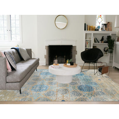 8'10"X12' Gray Snowflake Silk With Textured Wool Oriental Rug