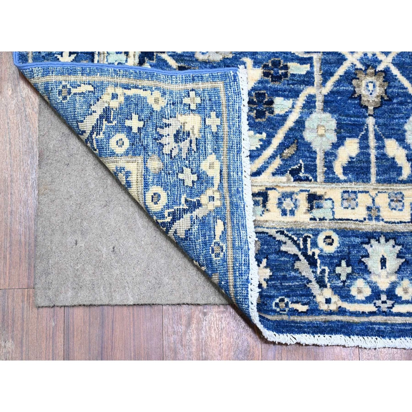 3'7"X10' Sapphire Blue Wool Fine Peshawar Hand Knotted Wide Runner Rug