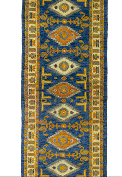 Vintage Style Blue Geometric Kazak Runner Rug
