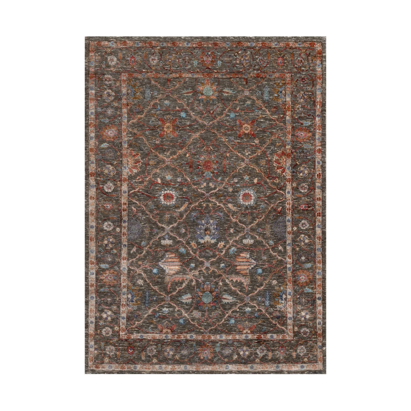 5'X7' Cedar Brown Leaf And Flower Design Hand Knotted Wool And Silk Rug