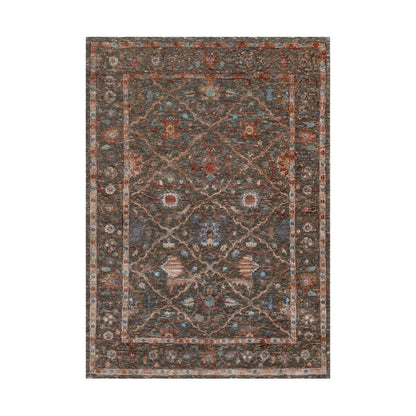 5'X7' Cedar Brown Leaf And Flower Design Hand Knotted Wool And Silk Rug