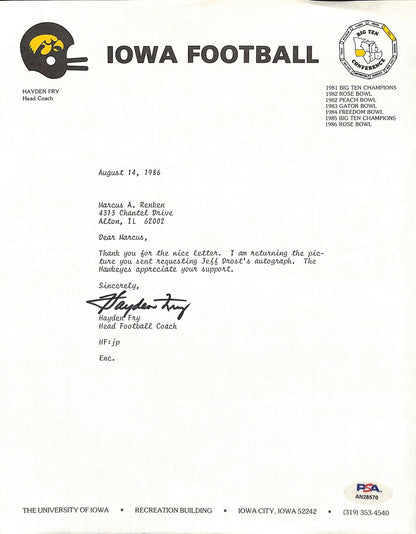 Hayden Fry Football Coach Signed Tls Letter