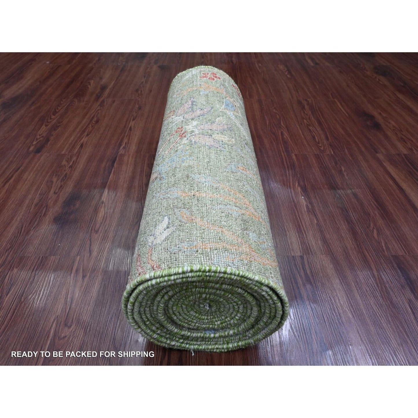 2'6"X24' Green Peshawar Birds Design Soft Wool Hand Knotted Runner Rug