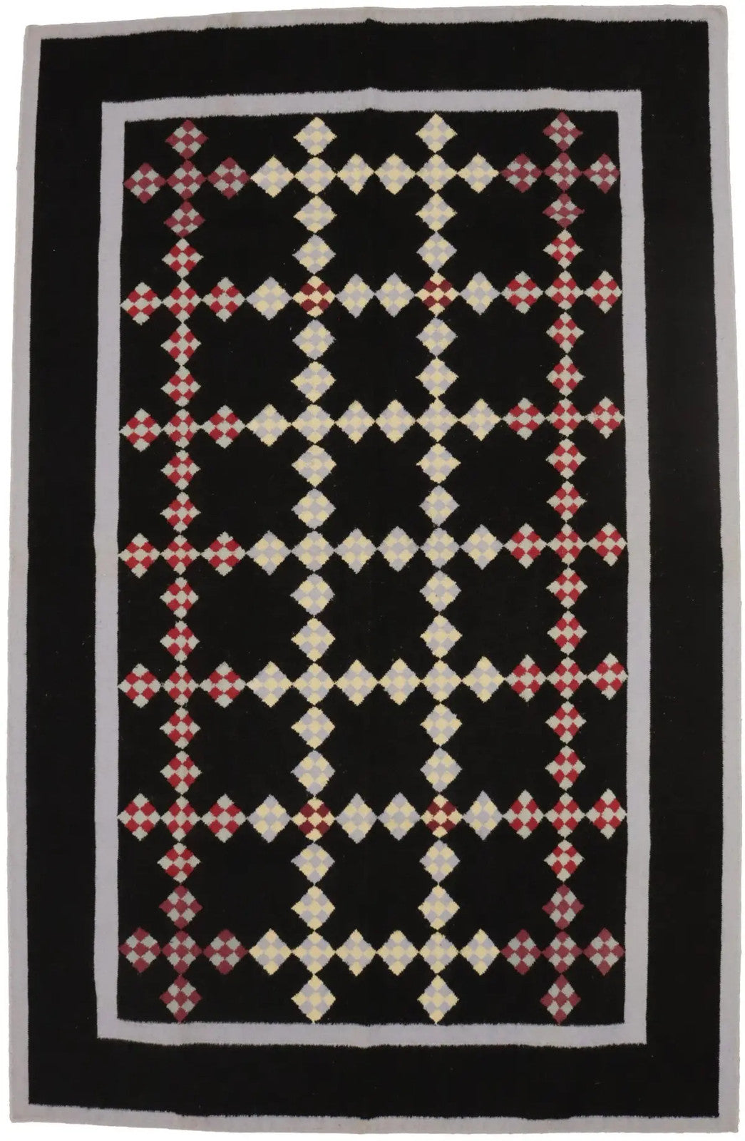 Black floral dhurrie wool rug flat weave reversible oriental carpet