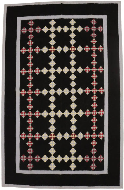 Black floral dhurrie wool rug flat weave reversible oriental carpet