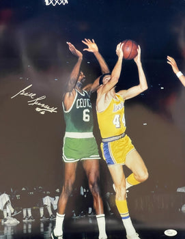 Bill Russell Autographed 16X20 Photo Vs Jerry West (Jsa)